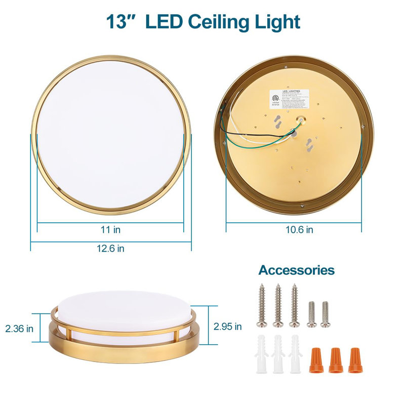 Gold Metal LED Flush Mount Ceiling Light Fixture Set
