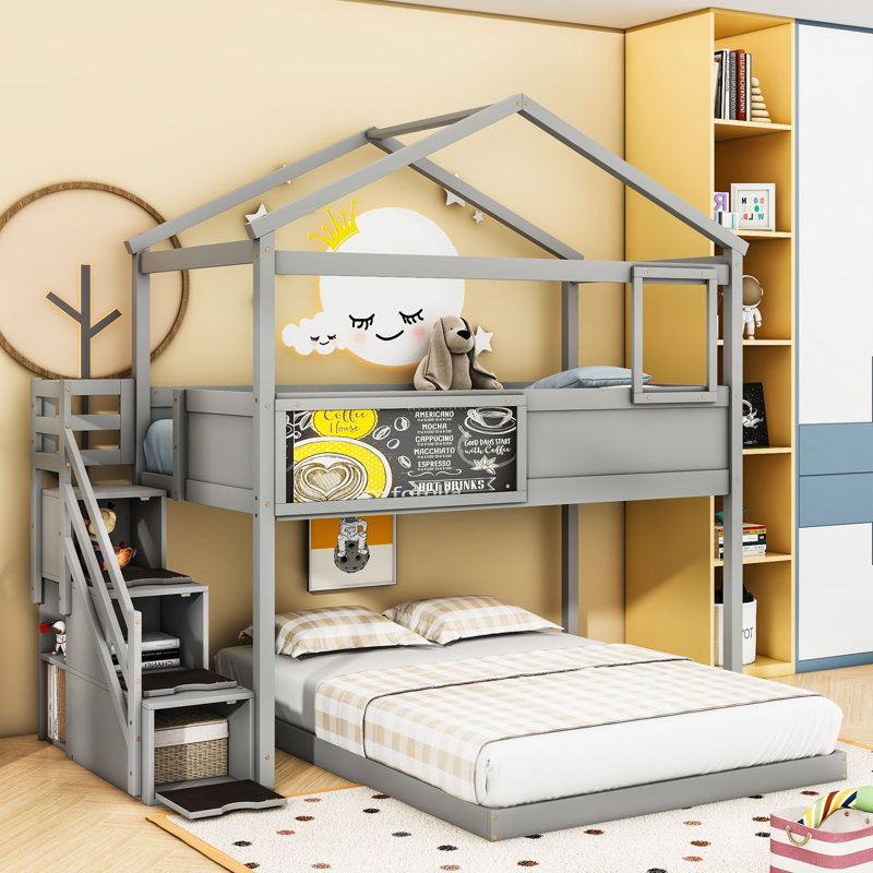 Twin Over Full L-Shaped House Bunk Bed With Storage Staircase And Blackboard, Gray