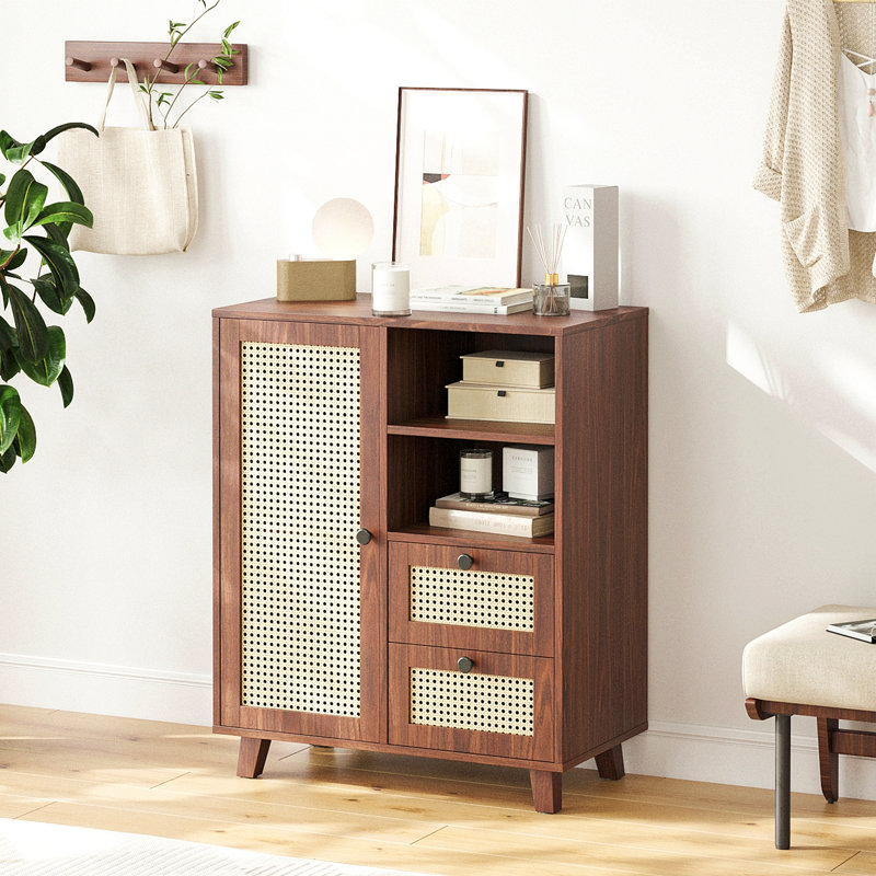 Rattan Buffet Cabinet With Adjustable Shelf, Sideboard With Drawers, Walnut
