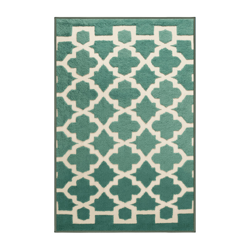 Machine Washable Trellis Green Area Rug, Rectangle 2' x 3'