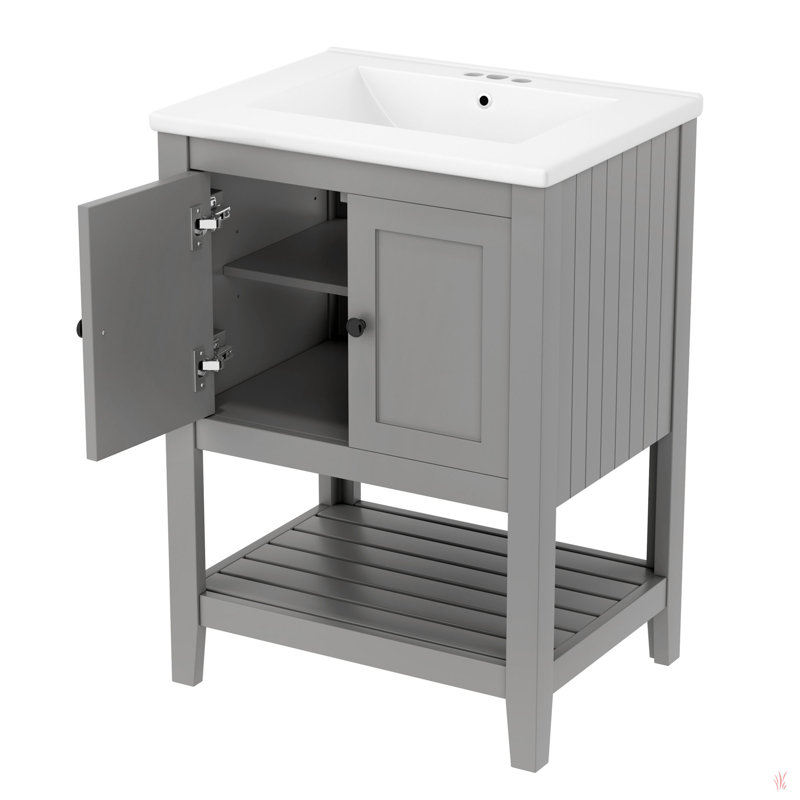 Lavabo de salle de bain moderne élégant en céramique 24 po avec tablette ouverte en bois massif, Noir, Gris