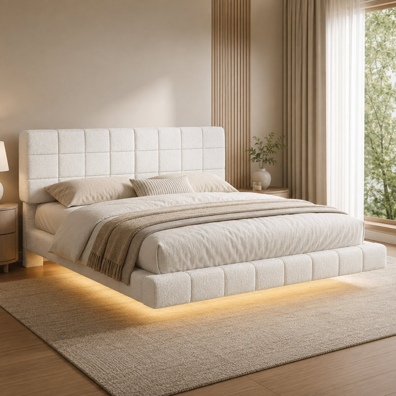 Très grand lit flottant moderne avec lumière DEL intégrée, cadre de lit plateforme tapissier, conception à profil bas, blanc