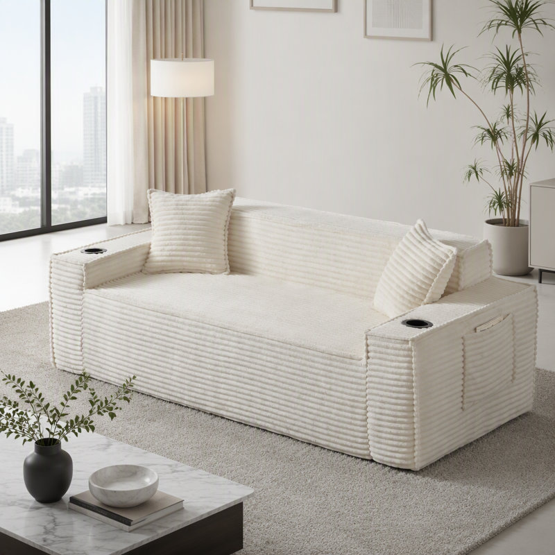 Canapé 3 places sans canapé, sans assemblage, parfait pour les salons compacts et les bureaux, 80.71" W, White Corduroy