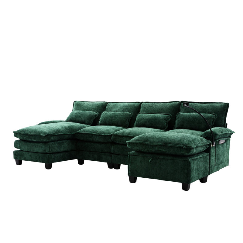 Canapé-lit modulaire en U en chenille de 106 po à 4 places, tissu respirant doux, structure, sacs de rangement latéraux intégrés pour le salon, canapé-lit et coussins, et chenille, bois massif, charge