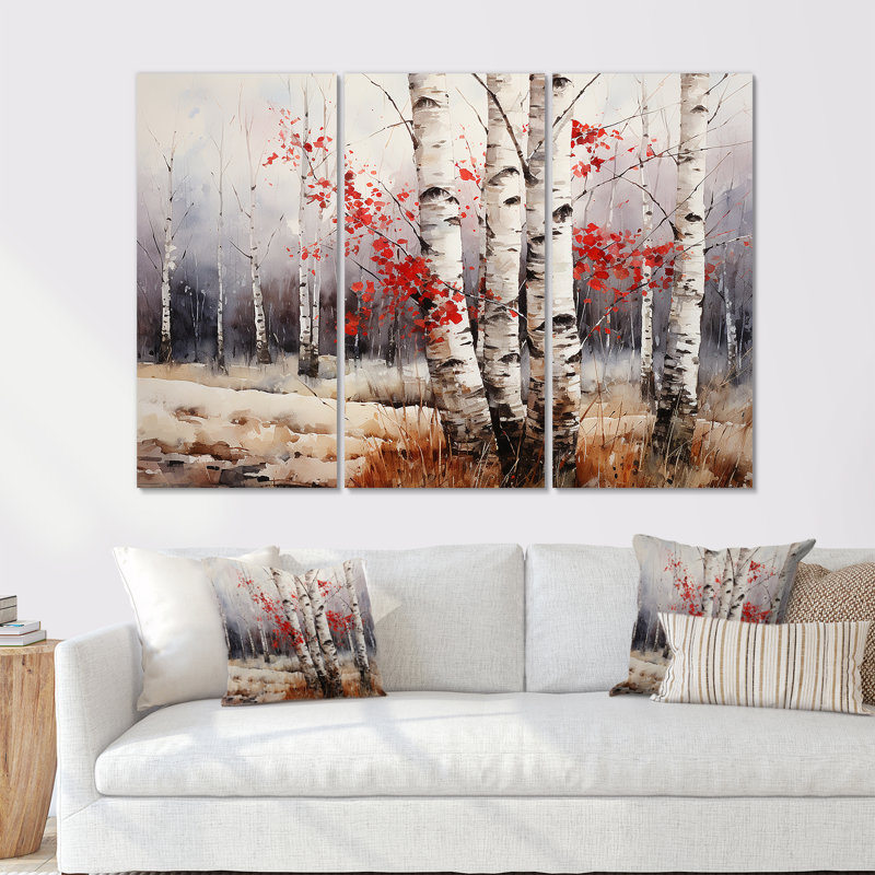 Ensemble d'art mural en toile de bouleau blanc et rouge en hiver III, H 28 po x l 36 po x P 1 po, Toile tendue