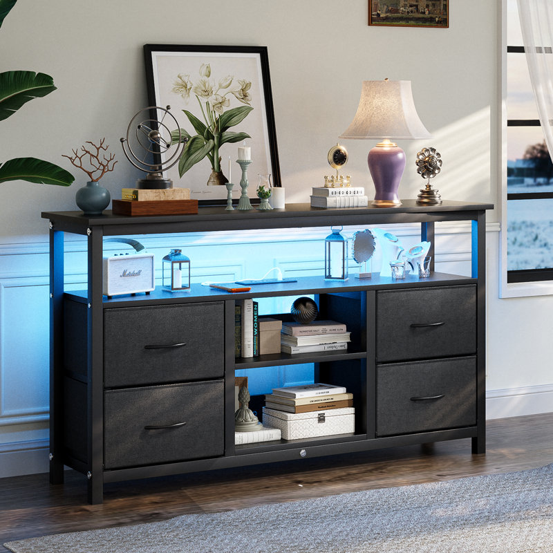 47"W Drawer Dresser, Tv Stand For 55" Tvs with RGB LED Lights & Charging Station - 4 Fabric Storage Drawers