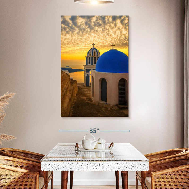 Adella Santorini, églises au crépuscule, H 51 po x l 34 po