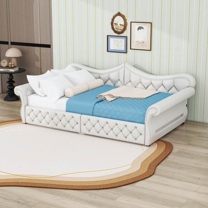 Upholstered Daybed with LED and Nailhead Trim, Beige