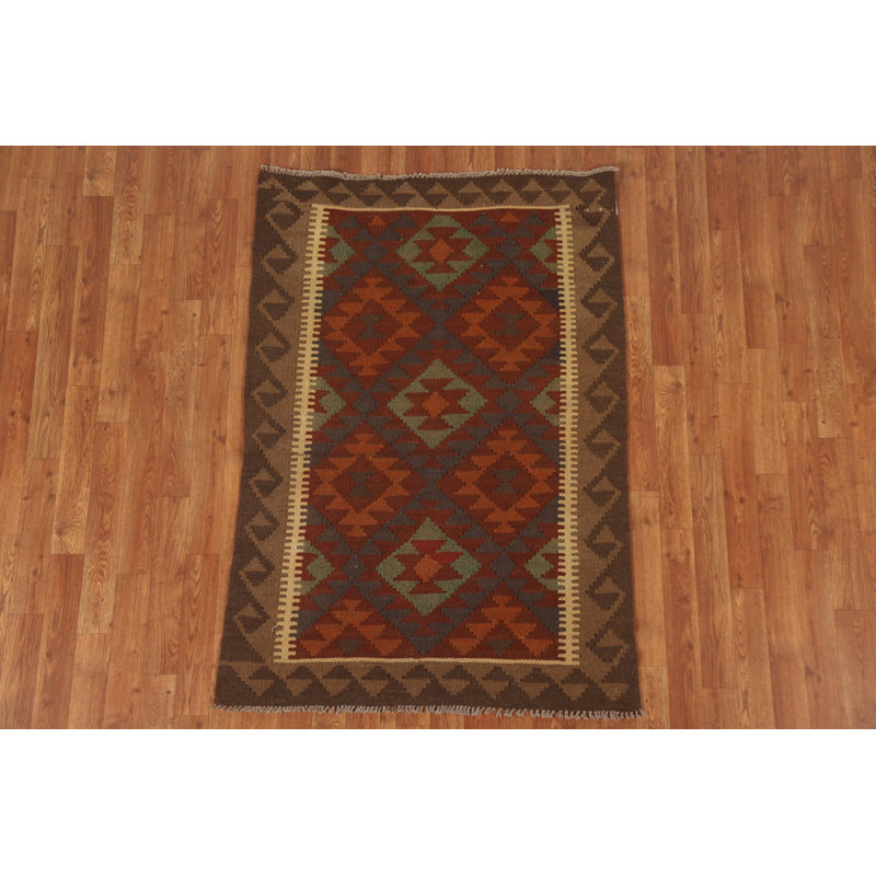 Tapis oriental rouge / brun en laine tissé à plat à la main à motif rectangulaire 3 pi 3 po x 4 pi 9 po Ghyslain
