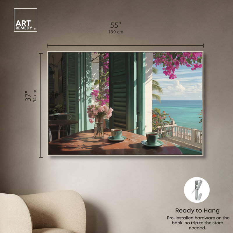 «Morning Coffee Ocean View», impression sur toile encadrée par Art Remedy, cadre argenté, 54 x 36, 37"H x 55"W, Silver Frame