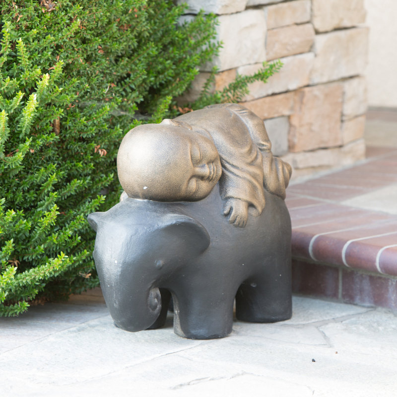 Statue de jardin moine sur éléphant Shaolin, Or rustique / Noir