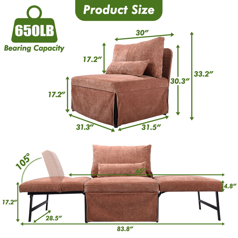 4-In-1 Convertible Sleeper Chair Bed, Warm Brown Fabric