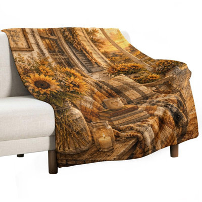 Sunflower Porch Autumn Cozy Rustic Farmhouse Decor Luxury Flannel Throw Blanket, Soft Warm Fuzzy Blanket for Living Room Sofa Bed Home Decor