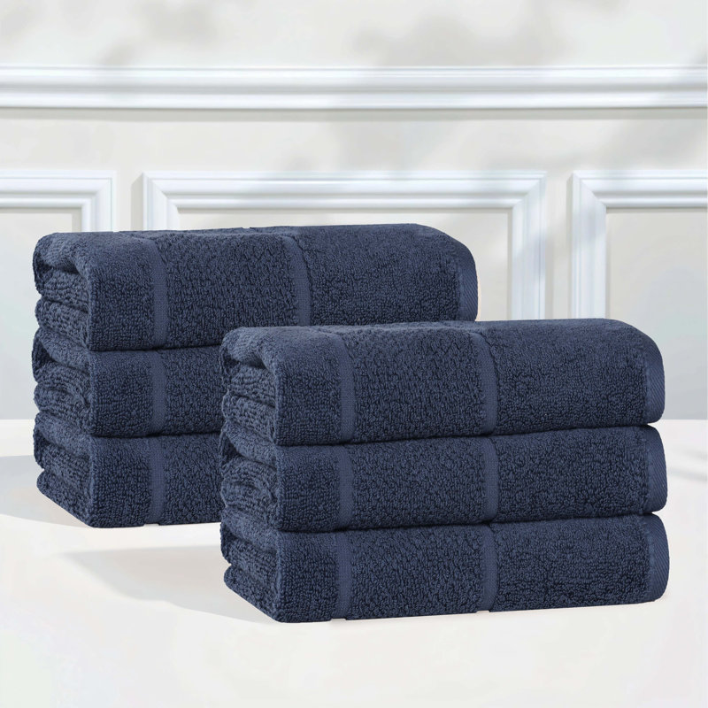 Mile Smart Twist Viscose Cotton Blend Medium Weight Solid Thick Border Towel Set, Navy Blue, Hand Towel - 6 Pack