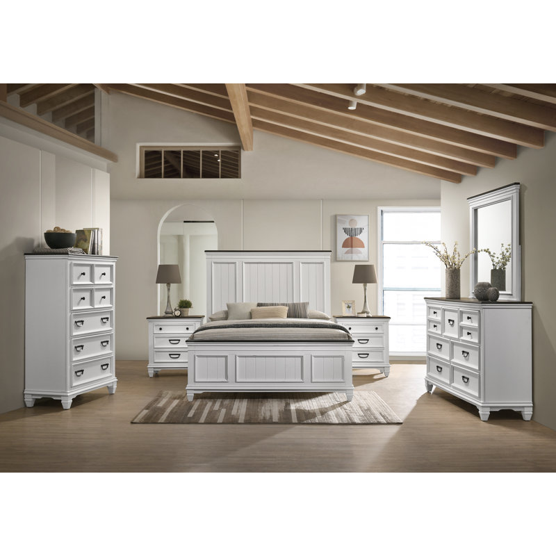 Semaj Wood Distressed Bedroom Set with Bed, Dresser, Mirror, Nightstands, Chest, Queen, Weathered White, 2