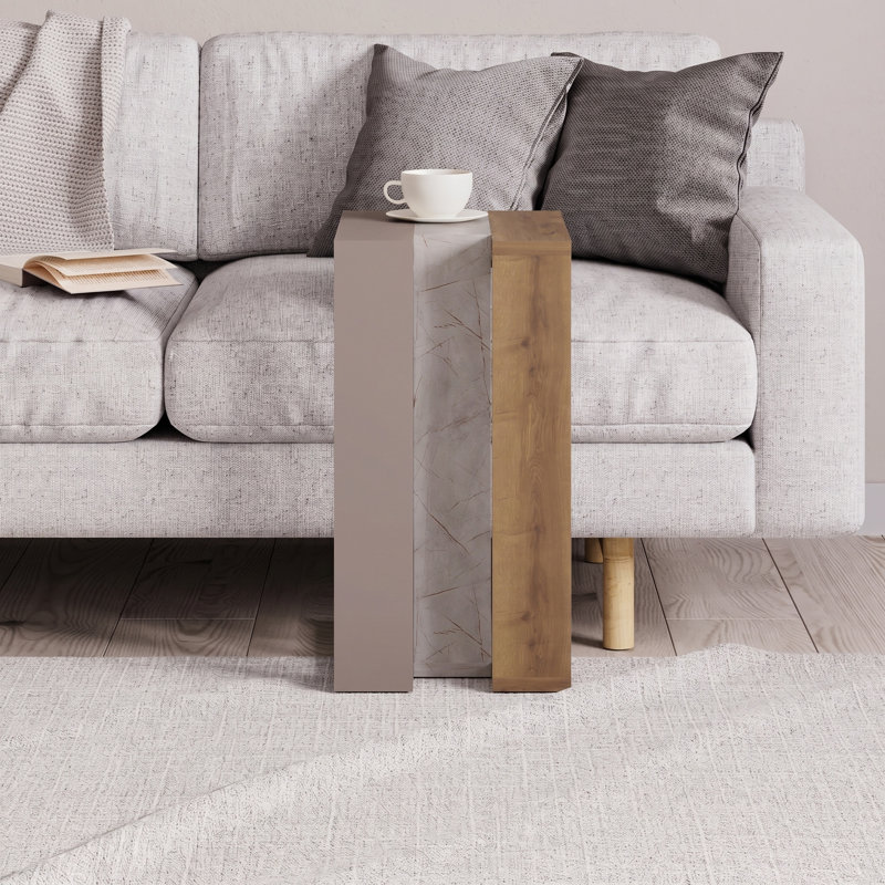 Madelyn Modern Compact C Shape Side Table, Oak/Whte Marble/Light Mocha