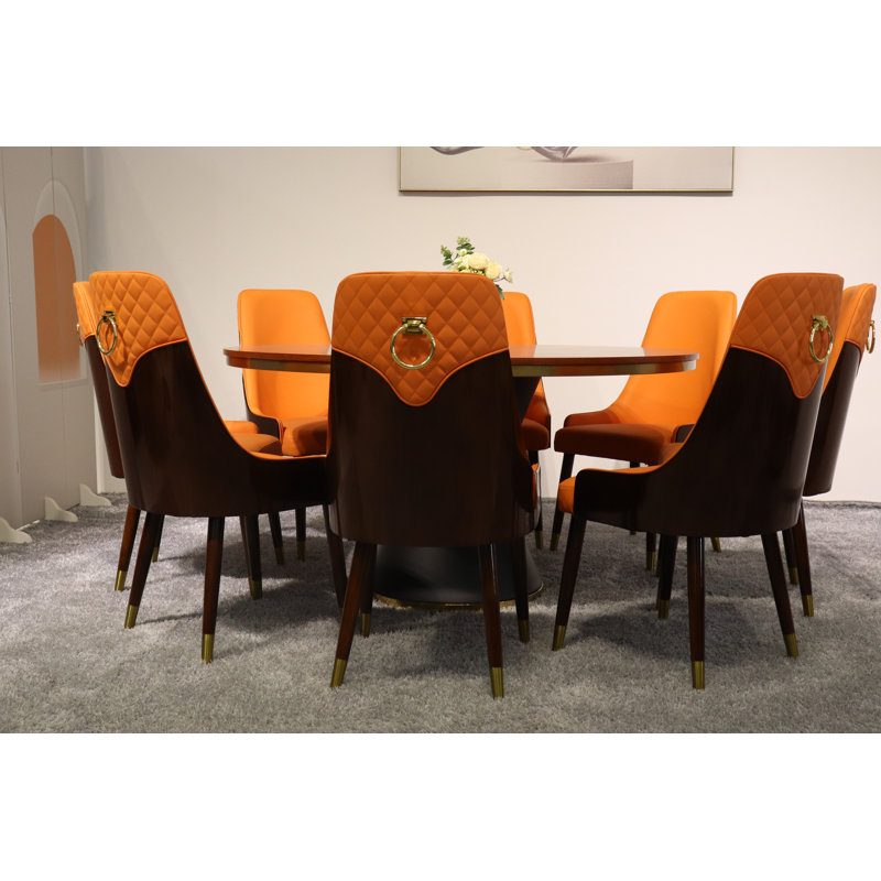 Vogue Lux Orange 61" Round Dining Set, Orange, 9 Pieces: Table, 8 Chairs, 31" H x 61" W x 61" D