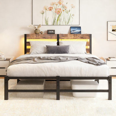 Queen Metal Bed With Wood Headboard, RGB Lighting & Charging Station