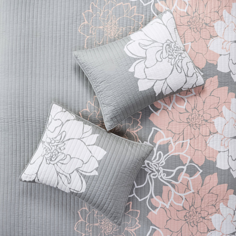 Courtepointe 6 pièces, gris / pêche, double / grand, coton imprimé, coussins décoratifs, rembourrage prélavé, literie en coton d'été ou très chaud, motif floral, confort réversible, 3 coussins