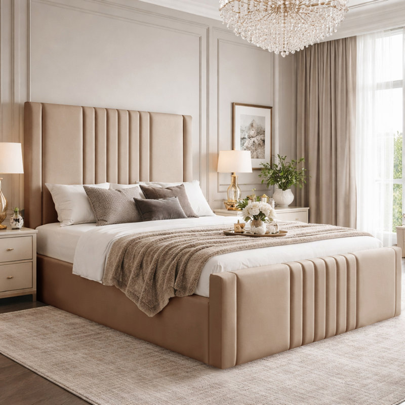 Haisley Upholstered Storage Bed Frame, Beige, Double (4'6)