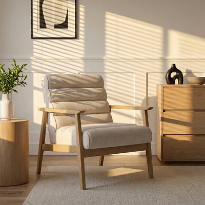 Fluffy Accent Chair Dark Beige with Natural Solid Wood Frame
