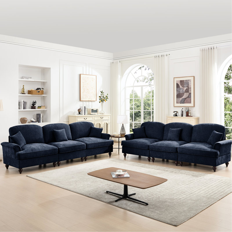 Comfy Blue Chenille 3 - Siège modulaire avec dossier en forme de pétale évasé, segmenté et incurvé, jupes de plis à volants amovibles et repose-pieds à accoudoirs mobiles