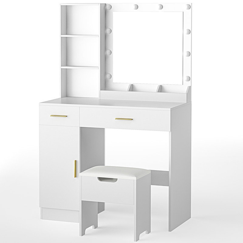 Meuble-lavabo à 3 tiroirs, grand miroir avec ampoule intégrée, tabouret de chambre pour la chambre