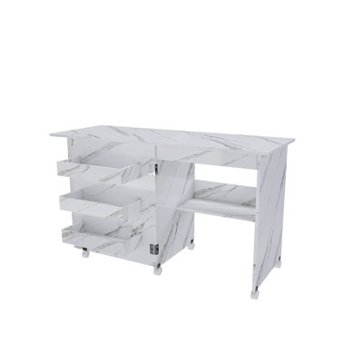 4-In-1 Folding Sewing Table With Lockable Wheels – Multi-Functional Craft Station, End Table, Computer Desk & Kitchen Storage With Shelves, White Rolling Sewing Machine Table For Apartments