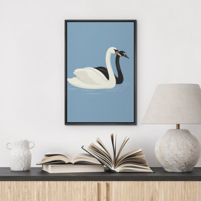 White Swan and Black Swan on Blue Water Framed Canvas Master Bedroom Wall Art Work Print