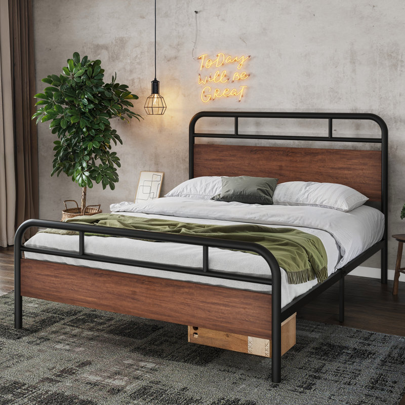 Milligan Metal Platform Bed Frame with Wood Headboard and Footboard, Walnut, Queen