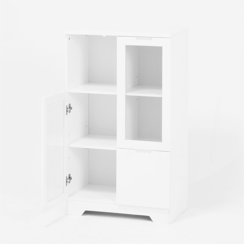 Armoire peinte en panneau de fibres à densité moyenne avec portes et tiroir en verre, espace de rangement ouvert, blanc, chambre à coucher, salon