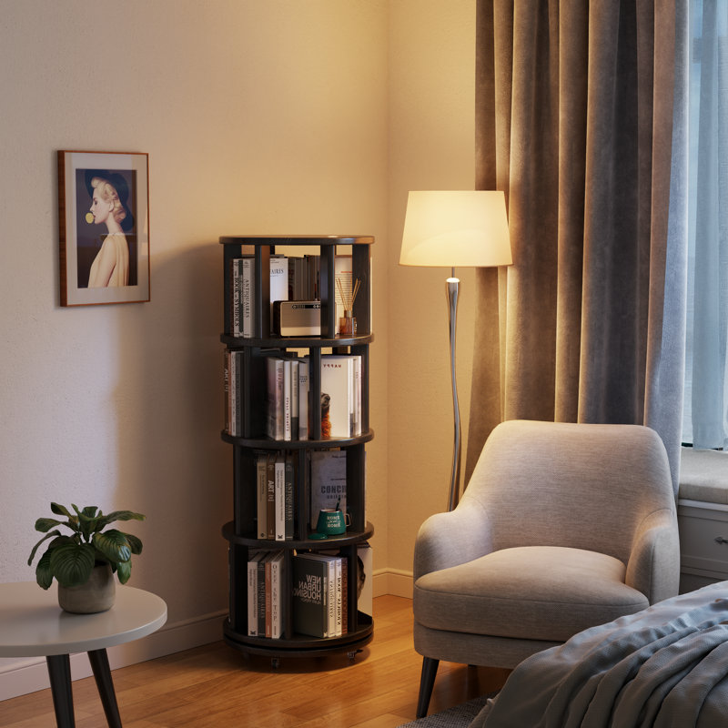 Bibliothèque en bois massif pivotante à 360 ° Oliver, équipée de roues de frein, permettant un ajustement flexible, Noir