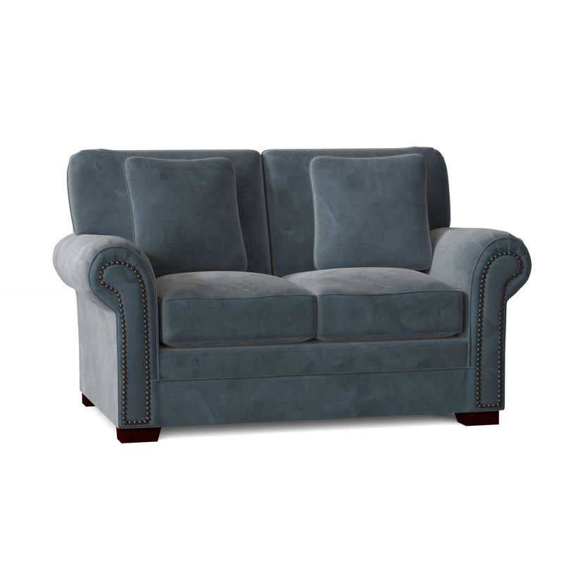 Causeuse à accoudoirs roulés de 63 po avec coussins réversibles Adrena, Laiton foncé, Aberdeen 22 - velours bleu, Non