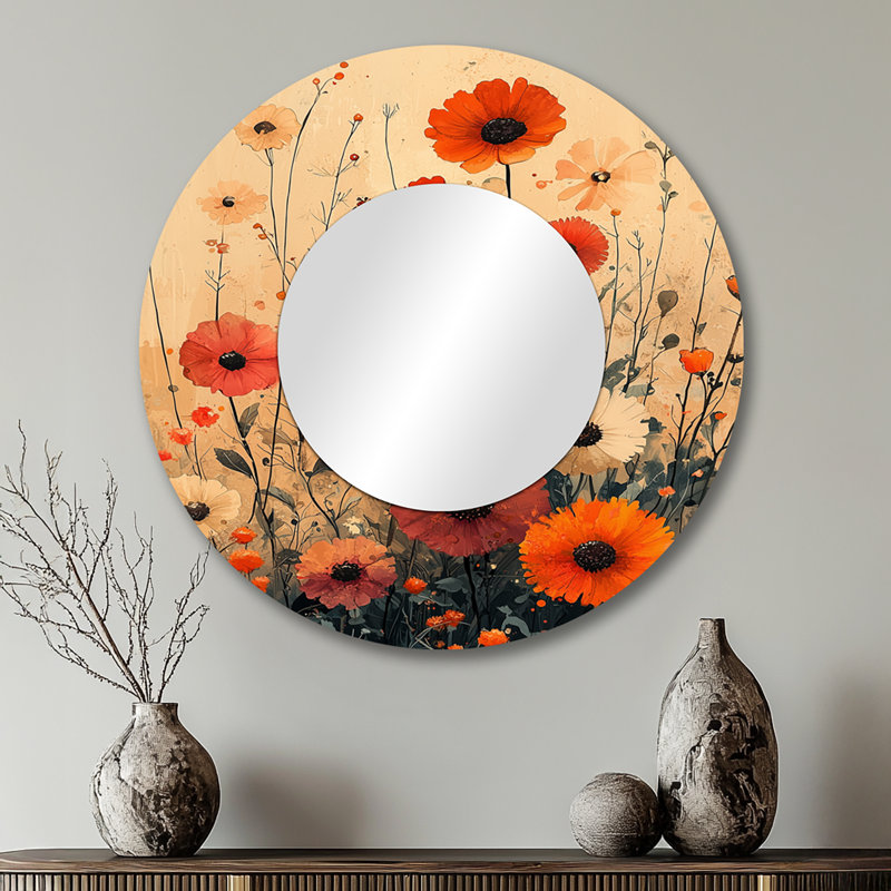 Abstrait Wildflower Dance In Reds Abstract - Miroir mural décoratif floral - imprimé sur métal, 29 po x 29 po