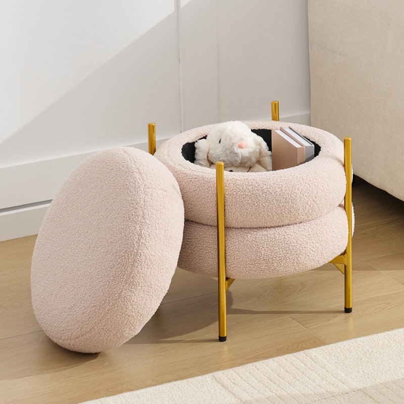 Round Storage Ottoman Multiuse Vanity Stool With Metal Legs, Pink Polyester