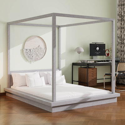Lit à baldaquin en bois à profil bas avec tête de lit, lit plateforme à baldaquin rustique pour adolescents, adultes