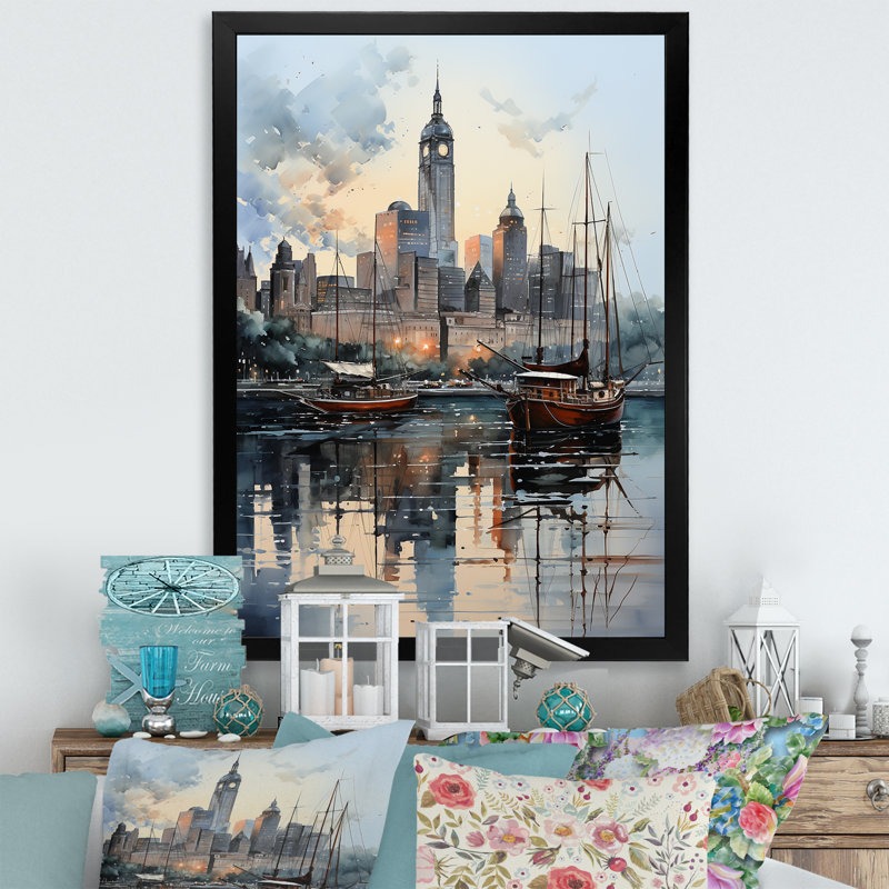 Impression sur toile Laquita New York Harbor Twilight, Cadre photo noir, H 44 po x l 34 po x P 1,5 po