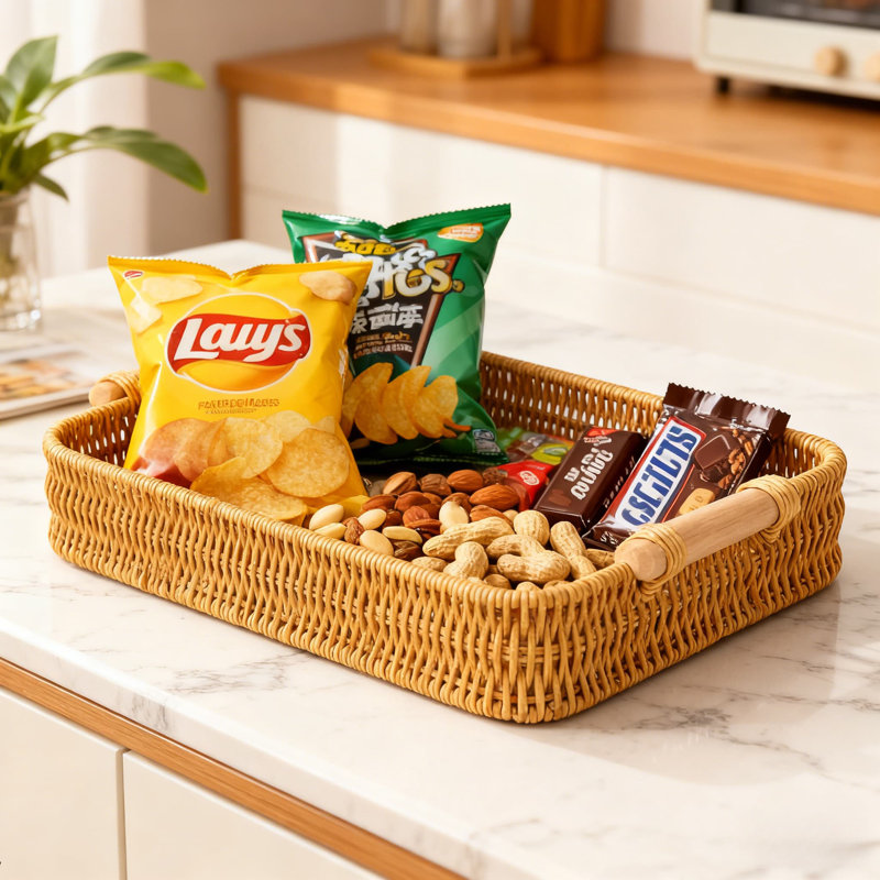 Panier à pain carré tissé à la main avec poignées en bois - matériau PP durable, résistant aux égratignures, facile à nettoyer, résistant à la moisissure, flexible et sécuritaire pour le rangement des aliments
