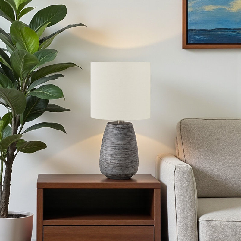 Lampe de table, base en céramique texturée de 19 pouces, abat-jour tambour en lin ivoire