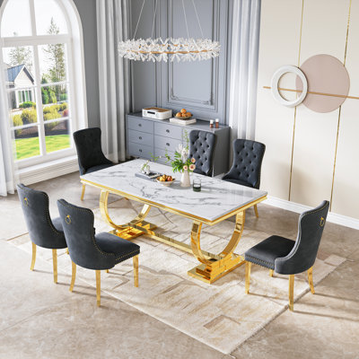 Faux Marble Dining Set with Velvet High-Back Chairs and Stainless Steel U-Pedestal, Modern Dining Table for Kitchen & Dining Room
