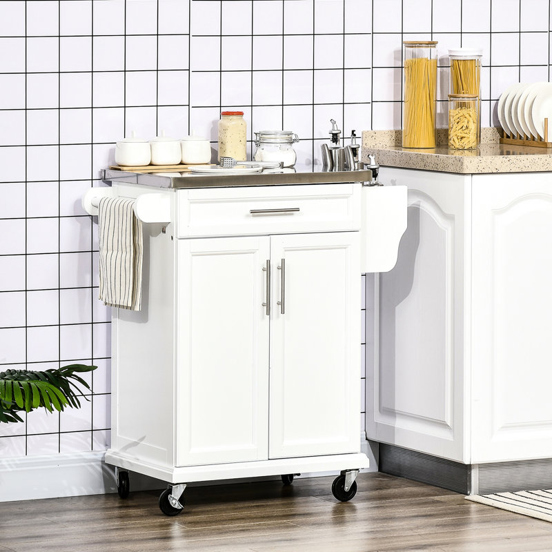 Poste de travail pour îlot de cuisine avec surface en acier inoxydable, tiroir, porte-serviettes, étagère à épices et rangement, armoire portable blanche