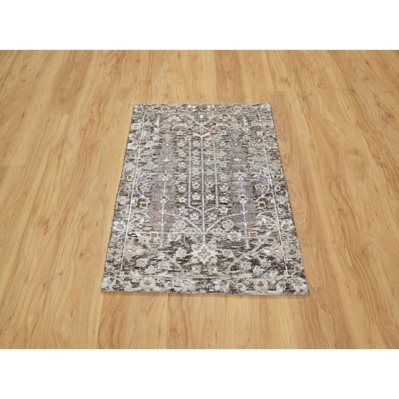 Tapis gris en soie et laine noué à la main 2 pi 1 po x 2 pi 11 po