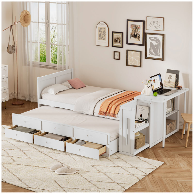 Lit plateforme simple en bois multifonctionnel avec bureau et tablette de rangement au bout du lit, lit gigogne intégré et 3 tiroirs