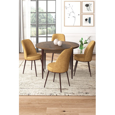 Ensemble de table et chaises de salle à manger moderne 5 pièces, blanc et cappuccino, table 35,4 x 29,5 x 35,4 pouces | Pieds en métal, panneau de particules 100% mélaminé | Chaises confortables en tissu Jerry, idéales pour les espaces de salle à manger élégants