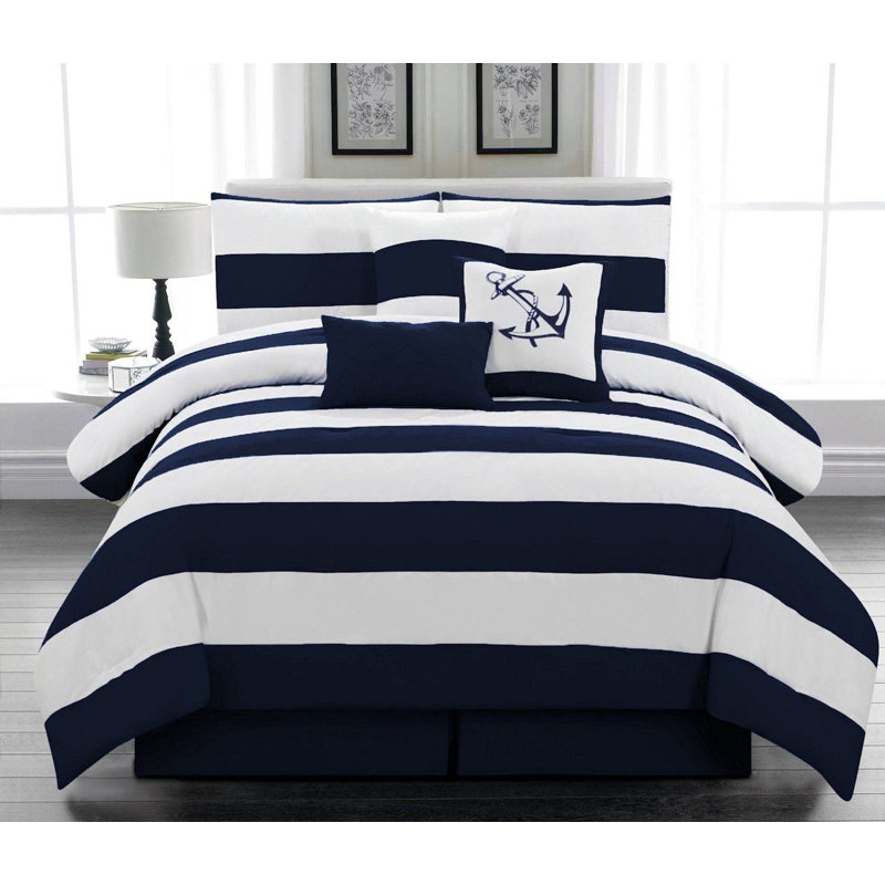 Nautical Baffle Box Stitch Striped Comforter Set, Navy, Queen Comforter + 6 Additional Pieces