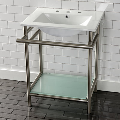 Kingston Brass Sheridan 24-Inch Ceramic Console Sink with Stainless Steel Legs and Glass Shelf (3-Hole)