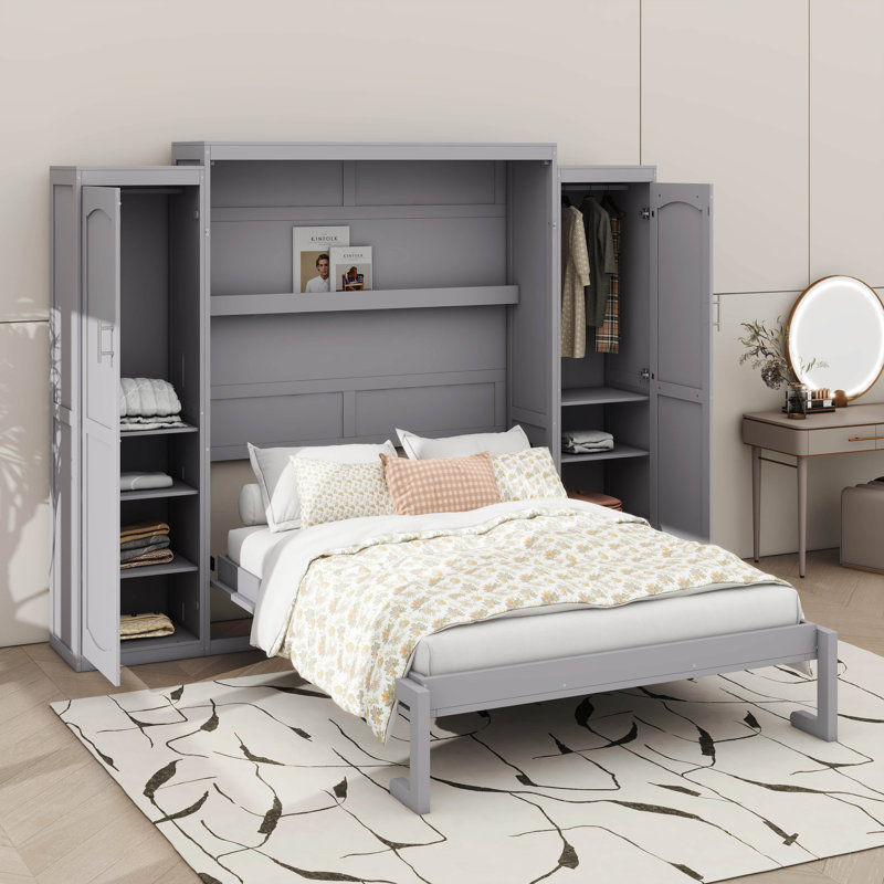 Lit escamotable peu encombrant avec garde-robes doubles et tablette de rangement pratique, Gris, Lit double