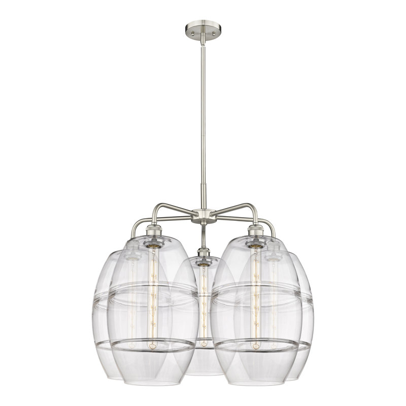 Lustre rond / ovale à abat-jour 5 lumières, Nickel satiné, H 24 po x l 28 po x P 28 po, Transparent