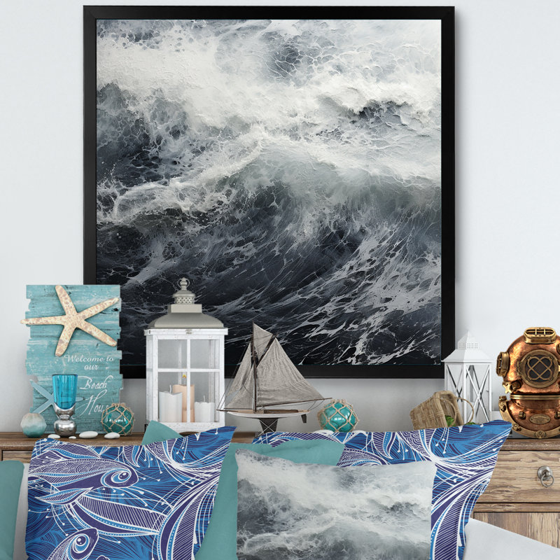 Tempête de vague noire et blanche sur toile, H 36 po x l 36 po x P 1,5 po, Cadre simple noir