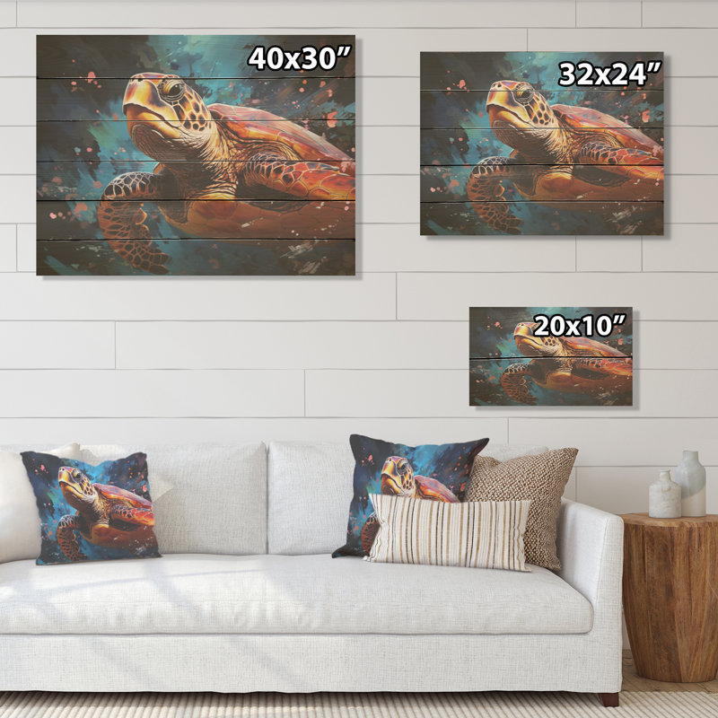 Serene Turtle Underwaters I - art mural panneau de bois de tortue sur bois de pin naturel, H 30 po x l 40 po
